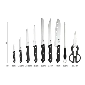 This Renberg Tenessy 15-piece multi-color knife set includes a chef's knife, fillet knife, baker's knife, boner, multipurpose knife, peeler, sharpener, meat sharpeners, scissors, and a wooden block for organized storage, all made of durable stainless steel.