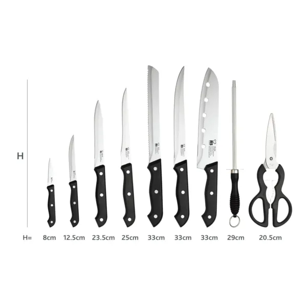 This Renberg Tenessy 15-piece multi-color knife set includes a chef's knife, fillet knife, baker's knife, boner, multipurpose knife, peeler, sharpener, meat sharpeners, scissors, and a wooden block for organized storage, all made of durable stainless steel.