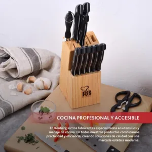 This Renberg Tenessy 15-piece multi-color knife set includes a chef's knife, fillet knife, baker's knife, boner, multipurpose knife, peeler, sharpener, meat sharpeners, scissors, and a wooden block for organized storage, all made of durable stainless steel.