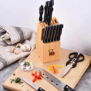 This Renberg Tenessy 15-piece multi-color knife set includes a chef's knife, fillet knife, baker's knife, boner, multipurpose knife, peeler, sharpener, meat sharpeners, scissors, and a wooden block for organized storage, all made of durable stainless steel.