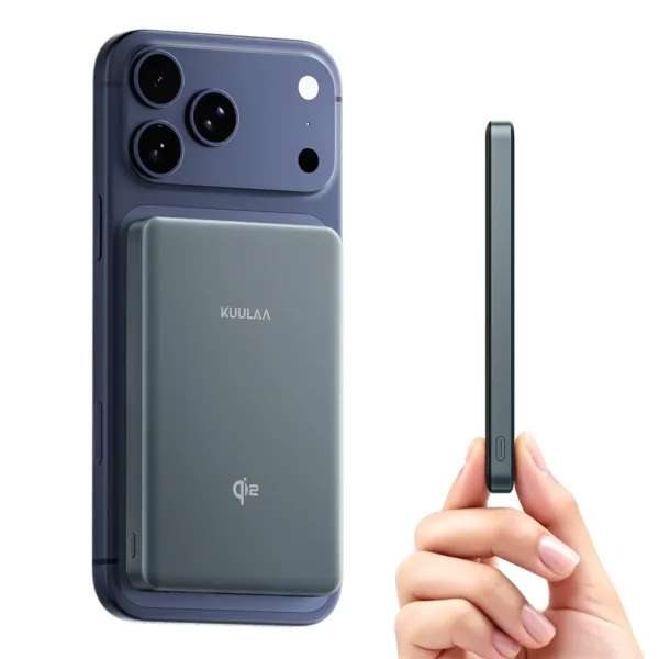 This is a grey Kuulaa 10000mAh Qi2 magnetic wireless power bank and portable charger, designed for fast 15W charging of iPhone 12-17 series and other mobile phones with PD20W USB-C output.