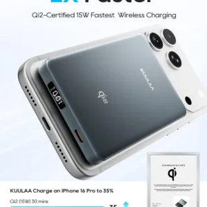 This is a grey Kuulaa 10000mAh Qi2 magnetic wireless power bank and portable charger, designed for fast 15W charging of iPhone 12-17 series and other mobile phones with PD20W USB-C output.