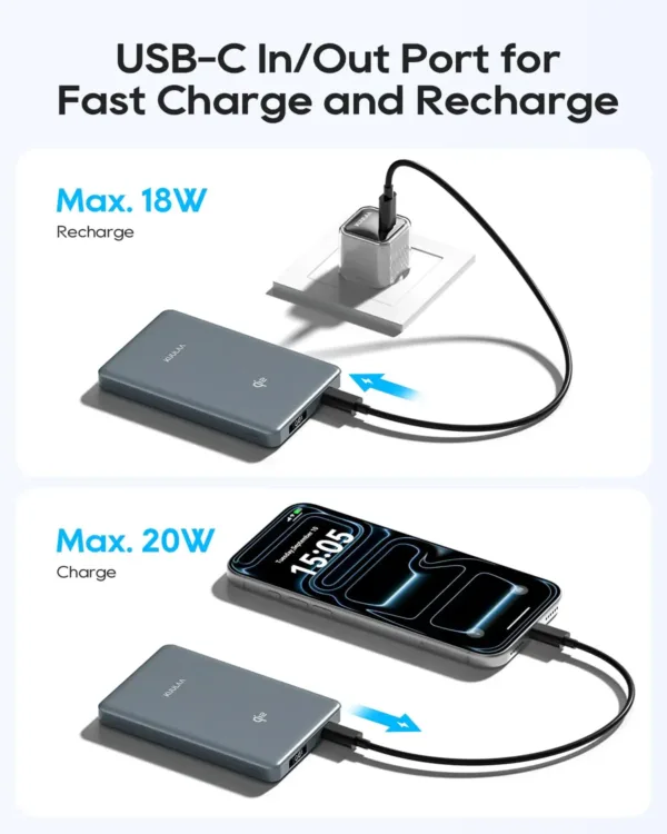 This is a grey Kuulaa 10000mAh Qi2 magnetic wireless power bank and portable charger, designed for fast 15W charging of iPhone 12-17 series and other mobile phones with PD20W USB-C output.