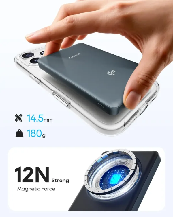 This is a grey Kuulaa 10000mAh Qi2 magnetic wireless power bank and portable charger, designed for fast 15W charging of iPhone 12-17 series and other mobile phones with PD20W USB-C output.