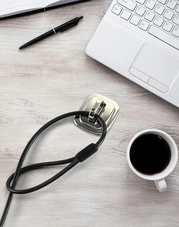 This 10-pack of QWORK steel laptop cable lock anchors provide a secure mounting point to protect laptops with keyed or combination cable locks from theft, featuring easy installation with included screws and mounting tape.