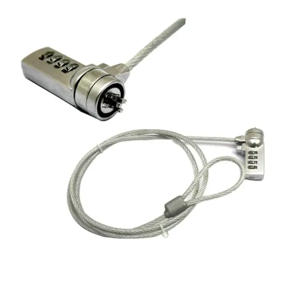 A laptop lock with a combination lock and steel cable is displayed, designed to provide anti-theft security for your notebook PC.