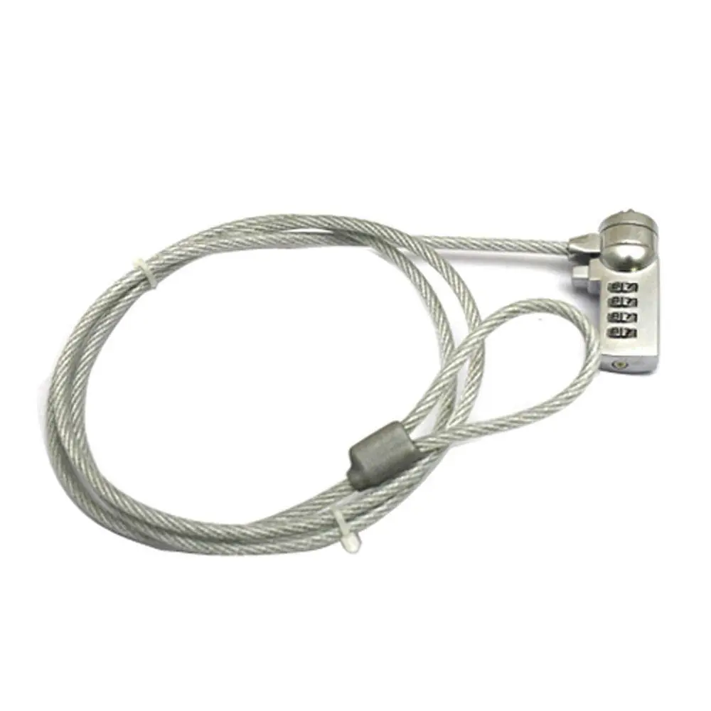 A laptop lock with a combination lock and steel cable is displayed, designed to provide anti-theft security for your notebook PC.