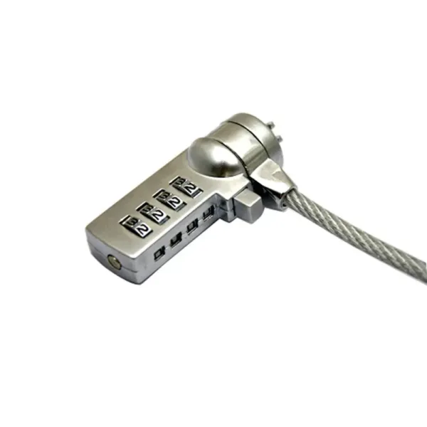 A laptop lock with a combination lock and steel cable is displayed, designed to provide anti-theft security for your notebook PC.