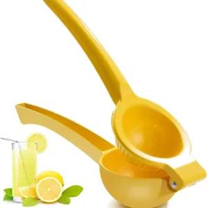 This yellow manual lemon squeezer efficiently extracts juice from lemons and limes without pulp or seeds, made from durable aluminum for comfortable, long-lasting use.