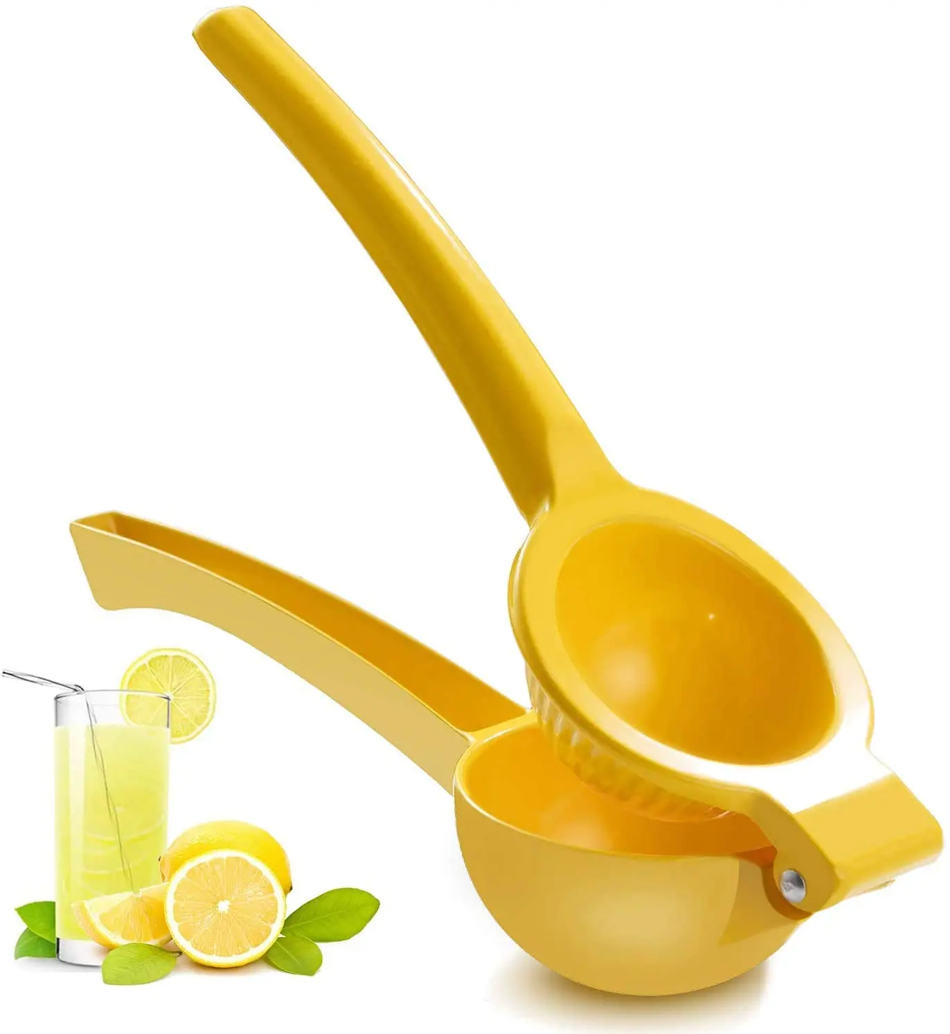 This yellow manual lemon squeezer efficiently extracts juice from lemons and limes without pulp or seeds, made from durable aluminum for comfortable, long-lasting use.