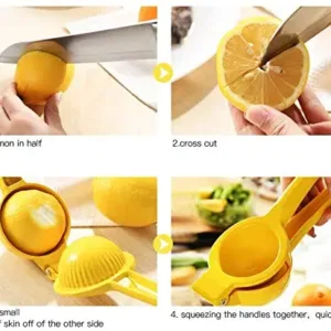 This yellow manual lemon squeezer efficiently extracts juice from lemons and limes without pulp or seeds, made from durable aluminum for comfortable, long-lasting use.