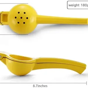 This yellow manual lemon squeezer efficiently extracts juice from lemons and limes without pulp or seeds, made from durable aluminum for comfortable, long-lasting use.