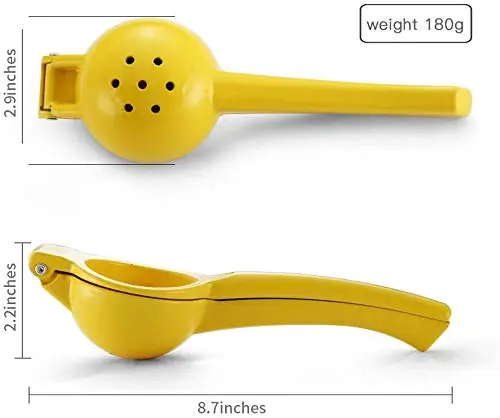 This yellow manual lemon squeezer efficiently extracts juice from lemons and limes without pulp or seeds, made from durable aluminum for comfortable, long-lasting use.