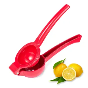 This yellow manual lemon squeezer efficiently extracts juice from lemons and limes without pulp or seeds, made from durable aluminum for comfortable, long-lasting use.