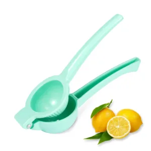 This yellow manual lemon squeezer efficiently extracts juice from lemons and limes without pulp or seeds, made from durable aluminum for comfortable, long-lasting use.
