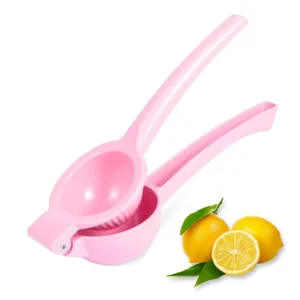 This yellow manual lemon squeezer efficiently extracts juice from lemons and limes without pulp or seeds, made from durable aluminum for comfortable, long-lasting use.