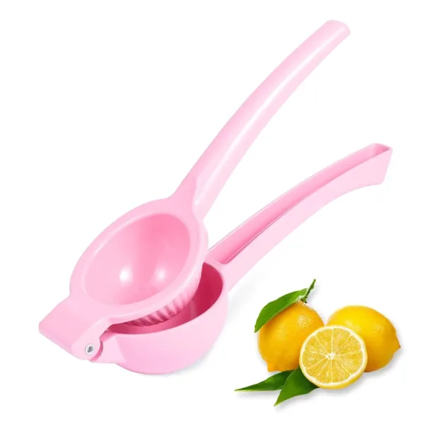 This yellow manual lemon squeezer efficiently extracts juice from lemons and limes without pulp or seeds, made from durable aluminum for comfortable, long-lasting use.