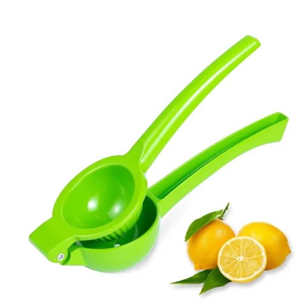 This yellow manual lemon squeezer efficiently extracts juice from lemons and limes without pulp or seeds, made from durable aluminum for comfortable, long-lasting use.