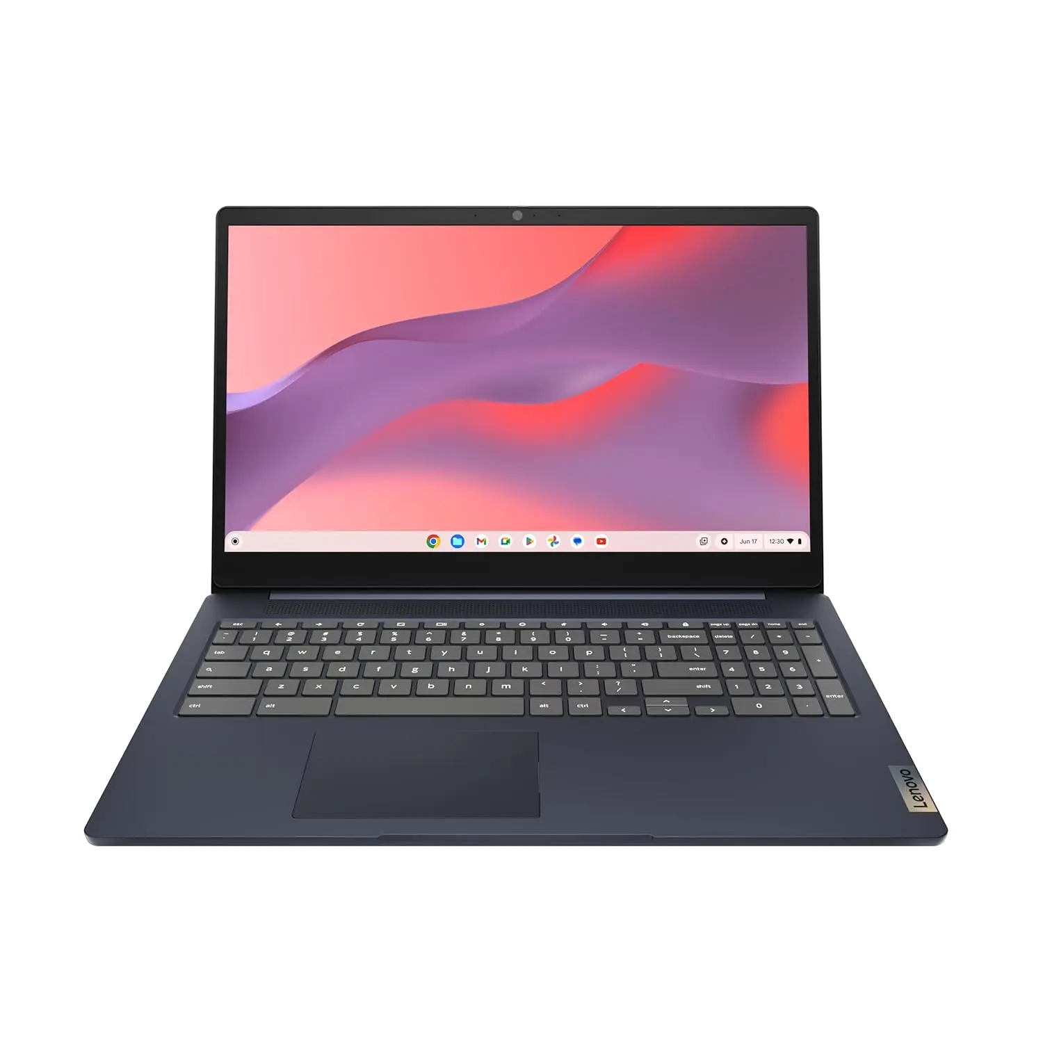 Abyss Blue Lenovo Chromebook 3i featuring a 15.6 inch Full HD display, powered by an Intel Celeron processor, and 64GB of storage for everyday use.