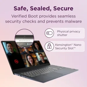Abyss Blue Lenovo Chromebook 3i featuring a 15.6 inch Full HD display, powered by an Intel Celeron processor, and 64GB of storage for everyday use.