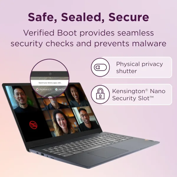 Abyss Blue Lenovo Chromebook 3i featuring a 15.6 inch Full HD display, powered by an Intel Celeron processor, and 64GB of storage for everyday use.