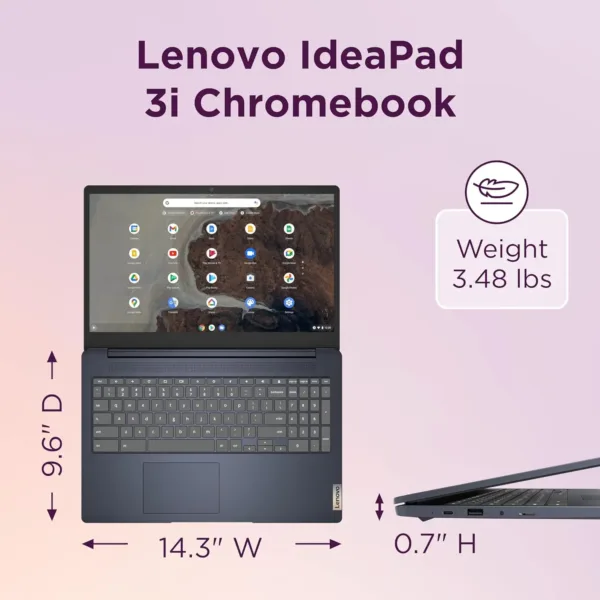 Abyss Blue Lenovo Chromebook 3i featuring a 15.6 inch Full HD display, powered by an Intel Celeron processor, and 64GB of storage for everyday use.