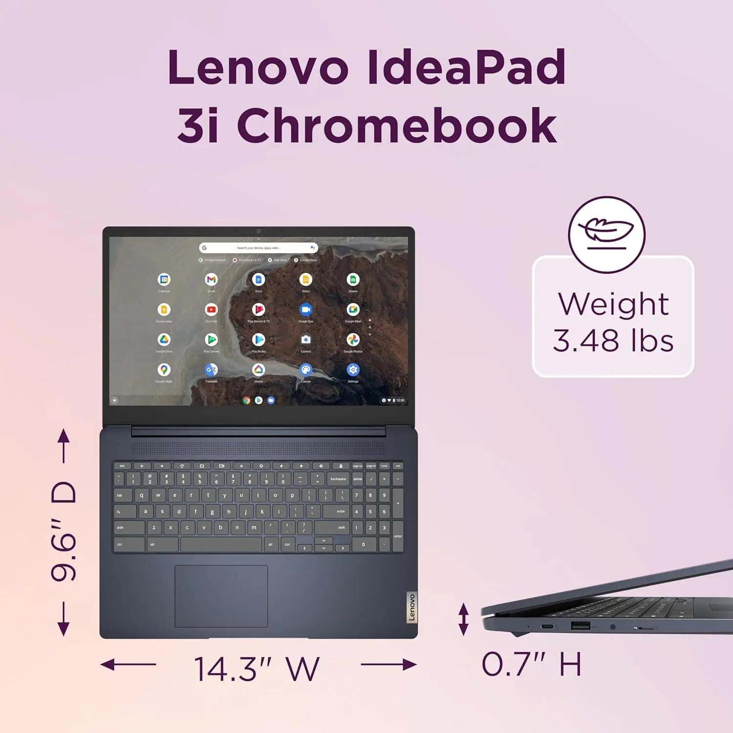Abyss Blue Lenovo Chromebook 3i featuring a 15.6 inch Full HD display, powered by an Intel Celeron processor, and 64GB of storage for everyday use.