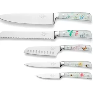 This is a six-piece LENOX Butterfly Meadow knife block set that includes a chef knife and bread knife, made of acacia wood.