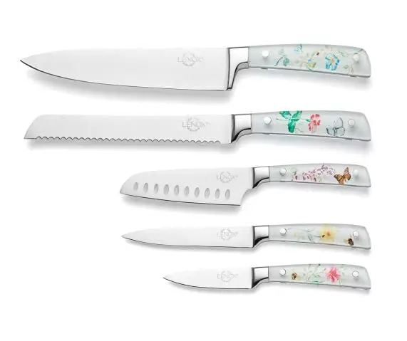 This is a six-piece LENOX Butterfly Meadow knife block set that includes a chef knife and bread knife, made of acacia wood.