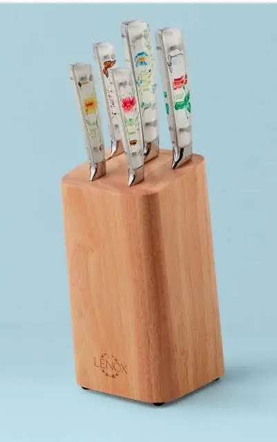 This is a six-piece LENOX Butterfly Meadow knife block set that includes a chef knife and bread knife, made of acacia wood.