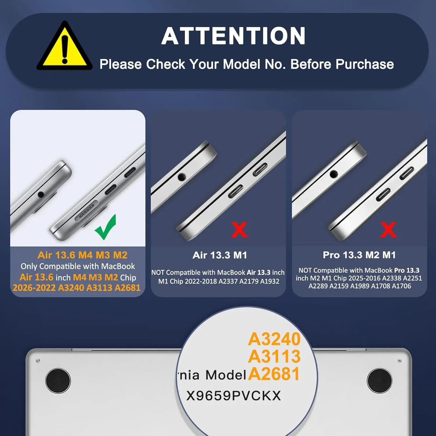 Crystal clear plastic case with keyboard cover and screen protector compatible with MacBook Air 13 inch M4 M3 M2 models A3240 A3113 and A2681 with Touch ID released from 2022 to 2026.