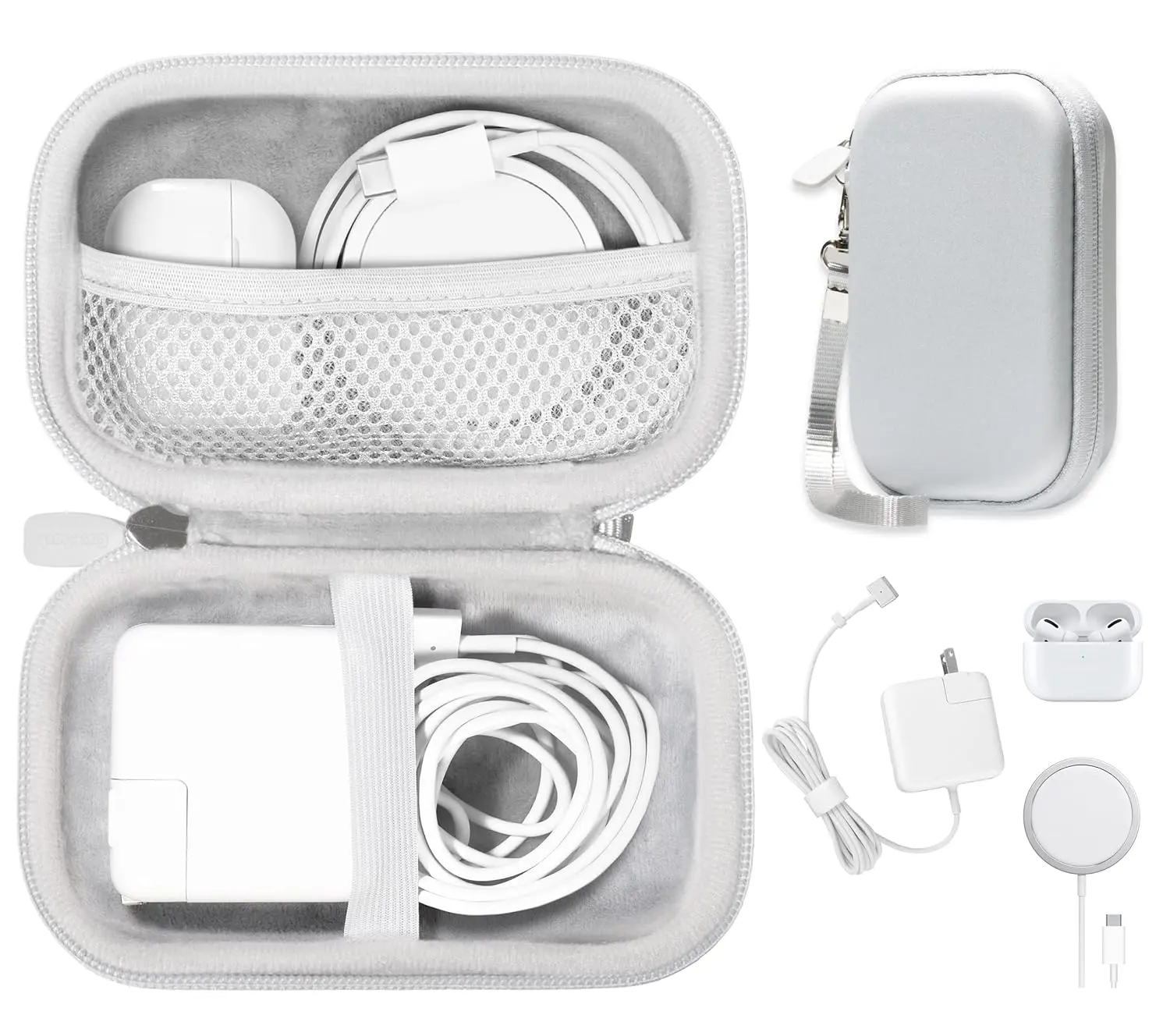 This handy CaseSack carrying case provides excellent protection for a MacBook Air Pro charger, iPhone MagSafe charger, USB C hub, and multiport adapter.