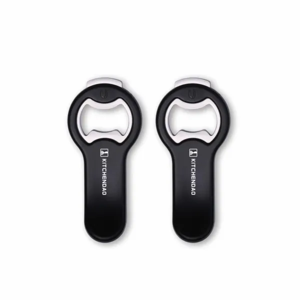 This 2-pack of KITCHENDAO magnetic beer bottle openers with cap catchers are perfect for opening beer and soda cans, and easily sticks to your refrigerator for convenient storage.