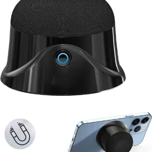 This is a portable magnetic Bluetooth speaker that features a strong magnet for easy adsorption to metal surfaces, offers 5W stereo sound, deep bass, and 9 hours of playtime, and is compatible with iPhone 12/13/14.