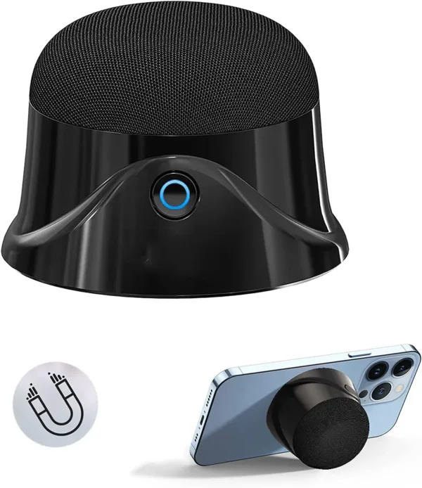 This is a portable magnetic Bluetooth speaker that features a strong magnet for easy adsorption to metal surfaces, offers 5W stereo sound, deep bass, and 9 hours of playtime, and is compatible with iPhone 12/13/14.