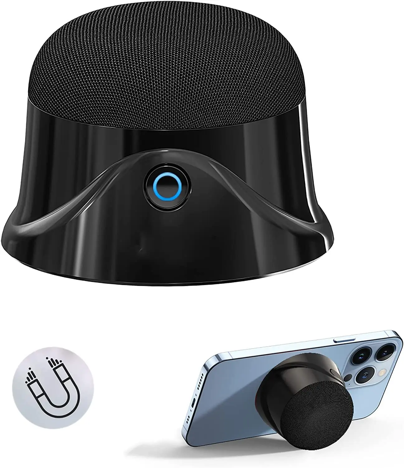 This is a portable magnetic Bluetooth speaker that features a strong magnet for easy adsorption to metal surfaces, offers 5W stereo sound, deep bass, and 9 hours of playtime, and is compatible with iPhone 12/13/14.