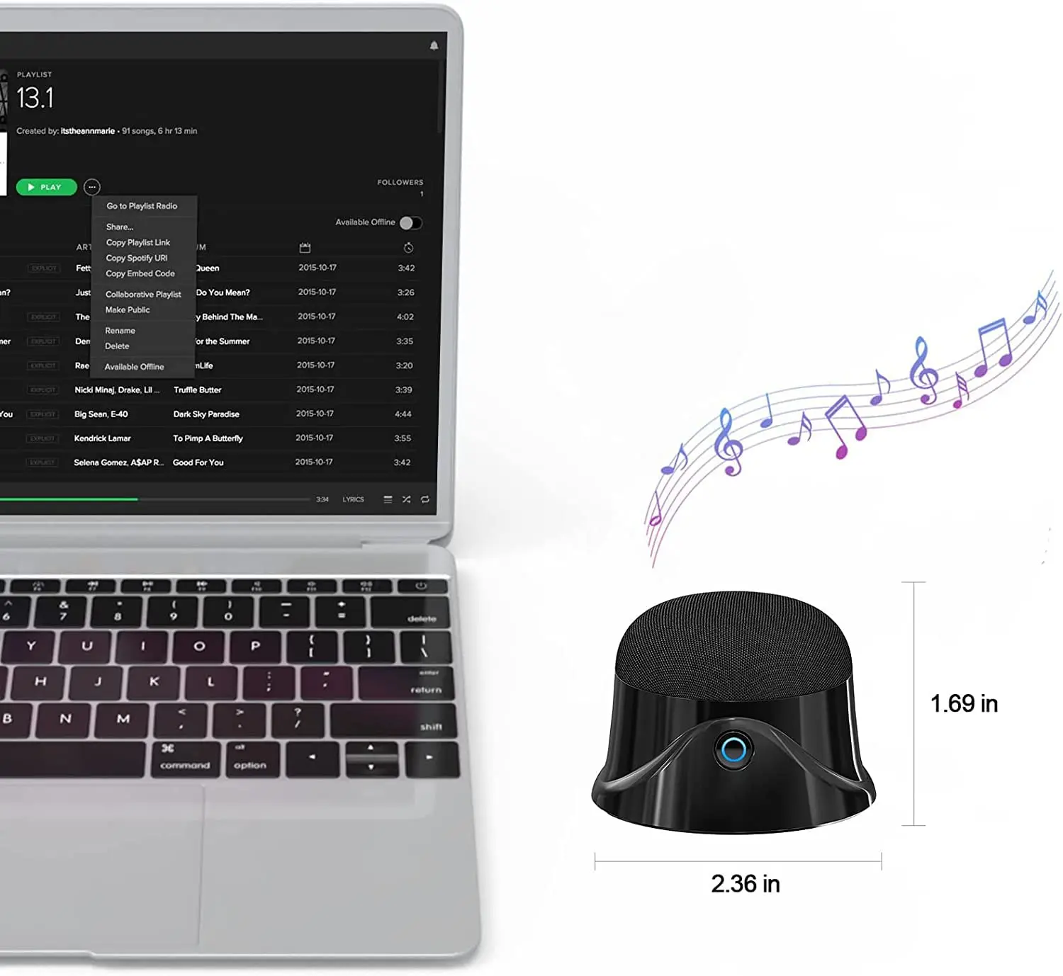 This is a portable magnetic Bluetooth speaker that features a strong magnet for easy adsorption to metal surfaces, offers 5W stereo sound, deep bass, and 9 hours of playtime, and is compatible with iPhone 12/13/14.