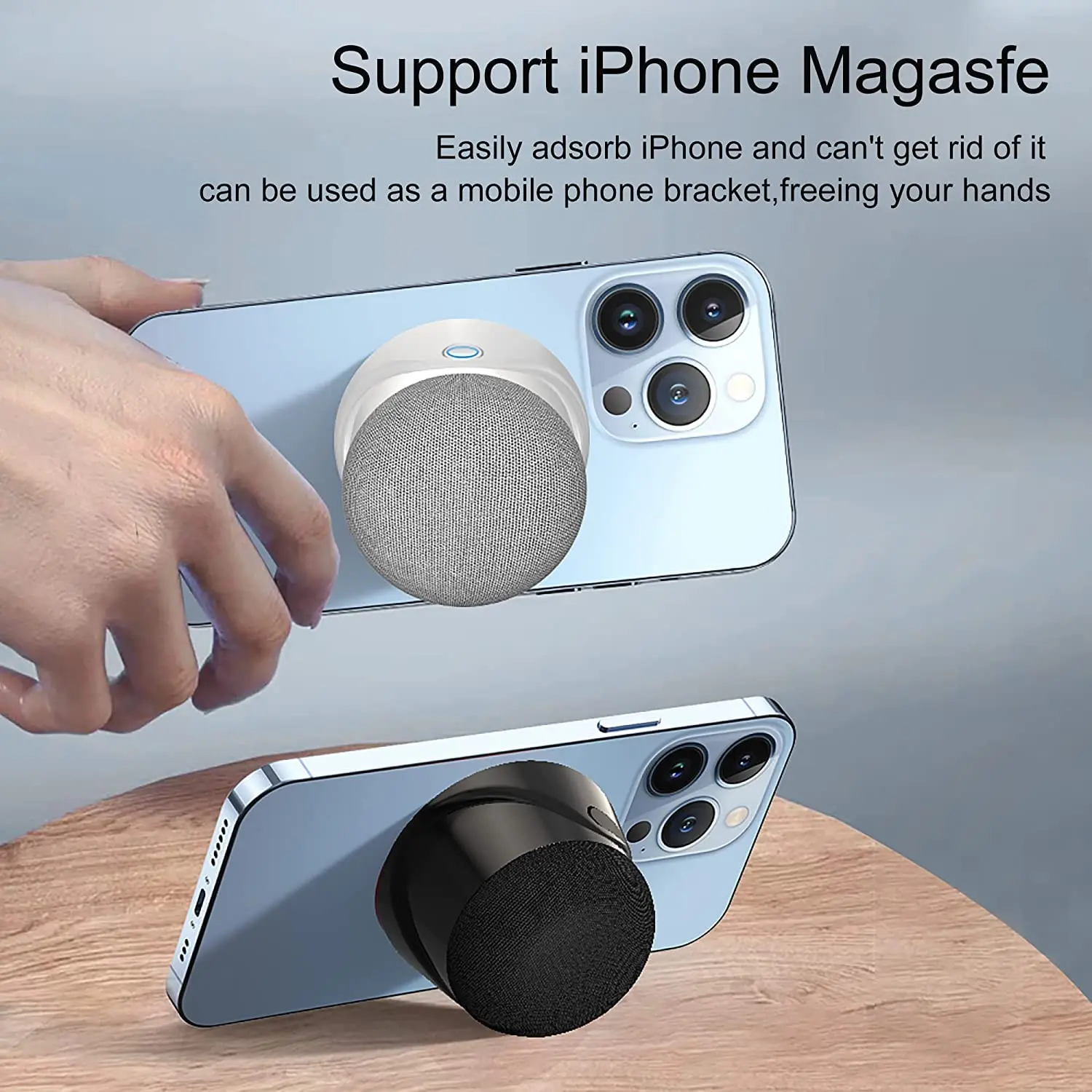 This is a portable magnetic Bluetooth speaker that features a strong magnet for easy adsorption to metal surfaces, offers 5W stereo sound, deep bass, and 9 hours of playtime, and is compatible with iPhone 12/13/14.