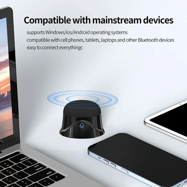 This is a portable magnetic Bluetooth speaker that features a strong magnet for easy adsorption to metal surfaces, offers 5W stereo sound, deep bass, and 9 hours of playtime, and is compatible with iPhone 12/13/14.