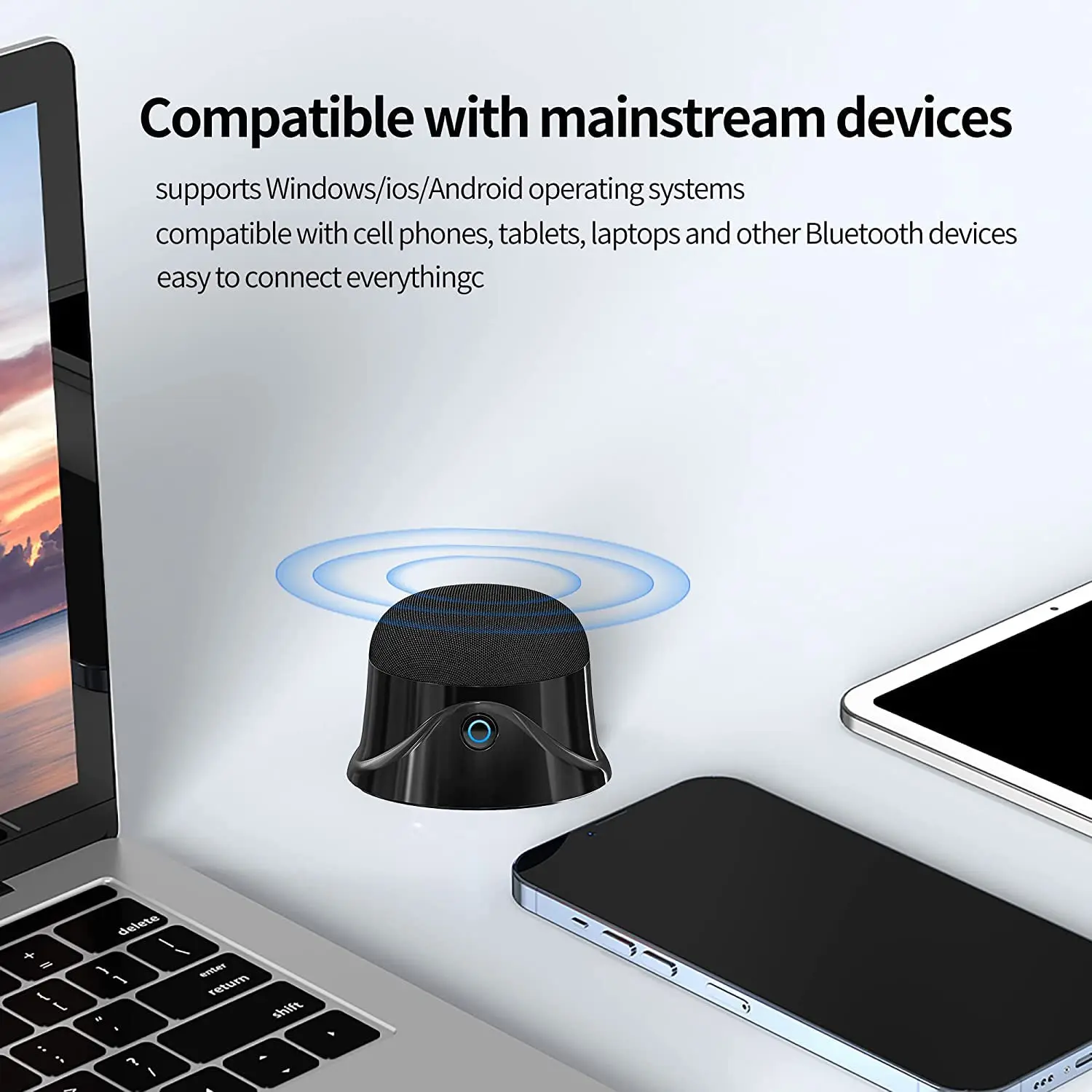 This is a portable magnetic Bluetooth speaker that features a strong magnet for easy adsorption to metal surfaces, offers 5W stereo sound, deep bass, and 9 hours of playtime, and is compatible with iPhone 12/13/14.