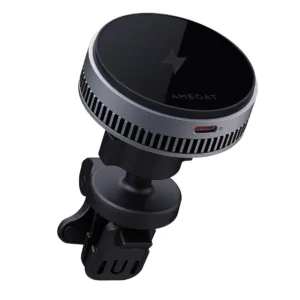 This magnetic car charger with active cooling and 15W Qi2 certified fast wireless charging securely holds and charges iPhones 12 through 16 and compatible magnetic cases, using an air vent mount.