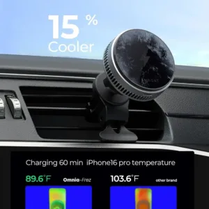 This magnetic car charger with active cooling and 15W Qi2 certified fast wireless charging securely holds and charges iPhones 12 through 16 and compatible magnetic cases, using an air vent mount.