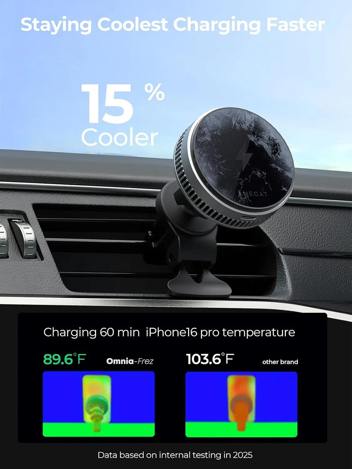 This magnetic car charger with active cooling and 15W Qi2 certified fast wireless charging securely holds and charges iPhones 12 through 16 and compatible magnetic cases, using an air vent mount.