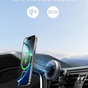 This magnetic car charger with active cooling and 15W Qi2 certified fast wireless charging securely holds and charges iPhones 12 through 16 and compatible magnetic cases, using an air vent mount.
