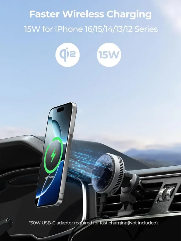 This magnetic car charger with active cooling and 15W Qi2 certified fast wireless charging securely holds and charges iPhones 12 through 16 and compatible magnetic cases, using an air vent mount.