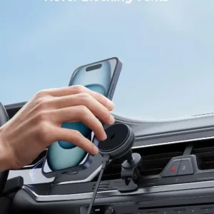 This magnetic car charger with active cooling and 15W Qi2 certified fast wireless charging securely holds and charges iPhones 12 through 16 and compatible magnetic cases, using an air vent mount.