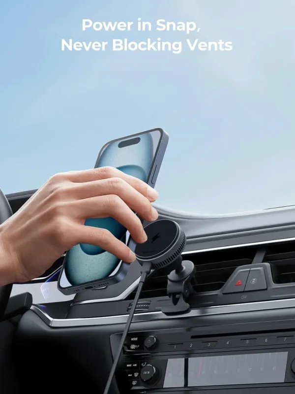 This magnetic car charger with active cooling and 15W Qi2 certified fast wireless charging securely holds and charges iPhones 12 through 16 and compatible magnetic cases, using an air vent mount.