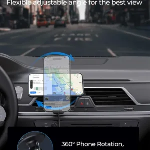 This magnetic car charger with active cooling and 15W Qi2 certified fast wireless charging securely holds and charges iPhones 12 through 16 and compatible magnetic cases, using an air vent mount.