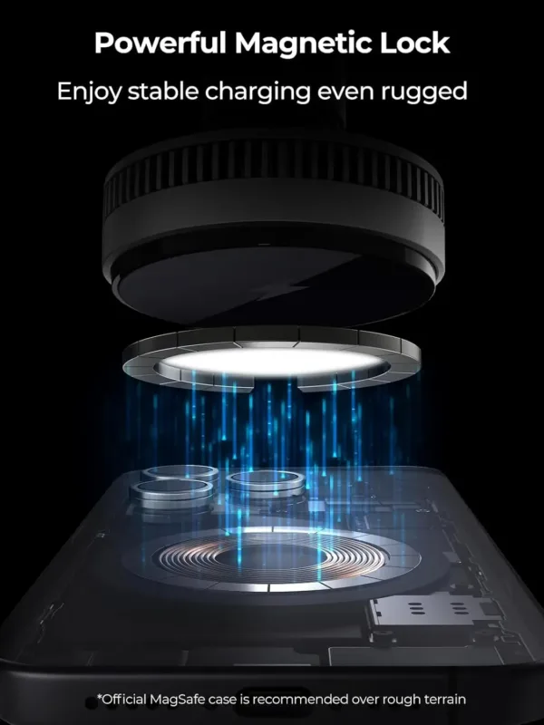 This magnetic car charger with active cooling and 15W Qi2 certified fast wireless charging securely holds and charges iPhones 12 through 16 and compatible magnetic cases, using an air vent mount.