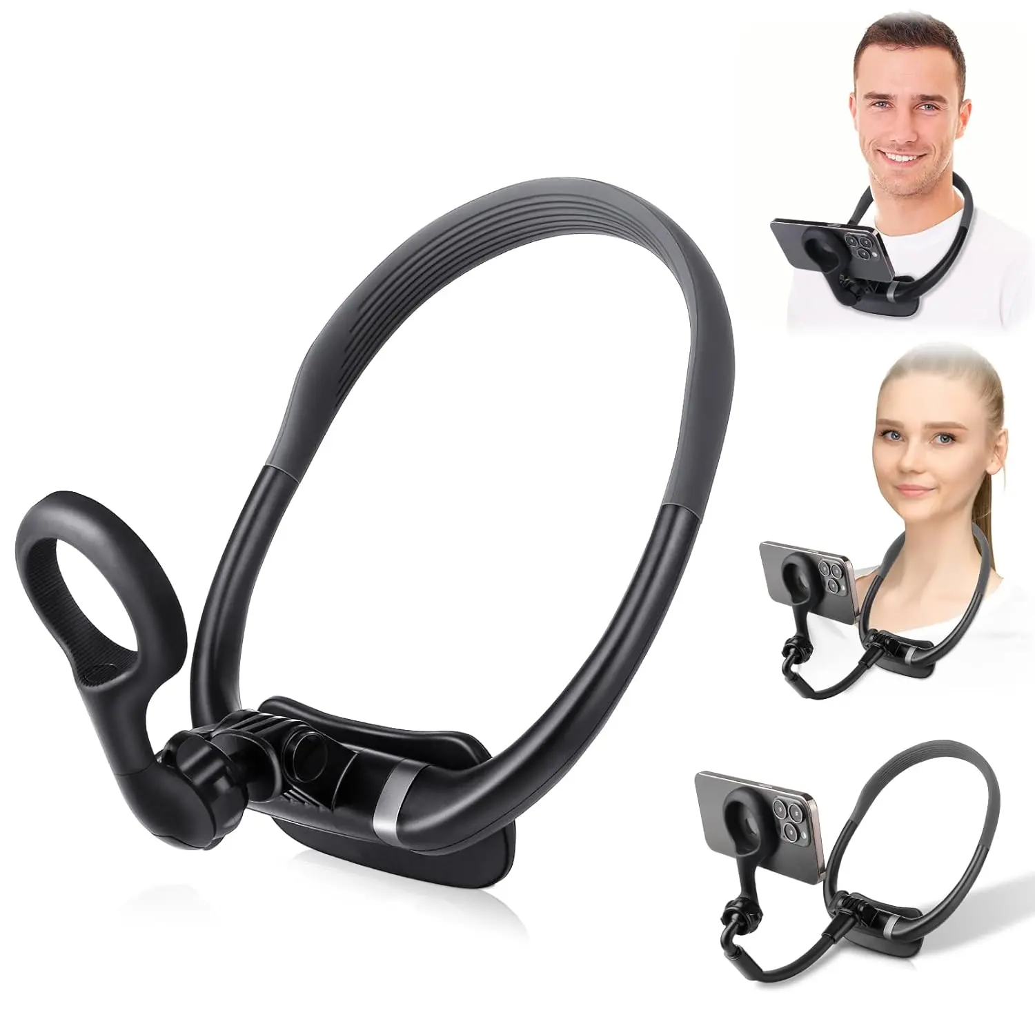 This magnetic neck phone holder allows hands-free POV shooting with adjustable angles and strong magnetic attachment, compatible with all smartphones and perfect for recording videos or watching movies on the go.